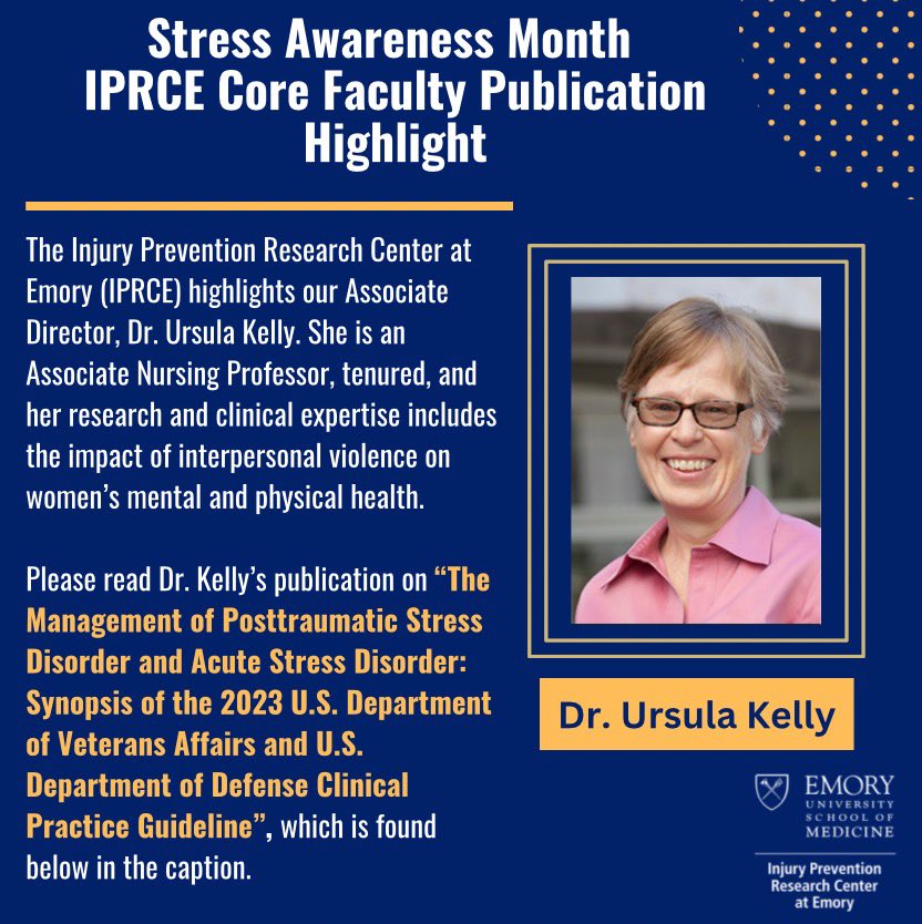 We are highlighting Dr.Ursula Kelly’s publications. Read The Management of Posttraumatic Stress Disorder and Acute Stress Disorder: Synopsis of the 2023 U.S. Department of Veterans Affairs and U.S. Department of Defense Clinical Practice Guideline at pubmed.ncbi.nlm.nih.gov/38408360/.