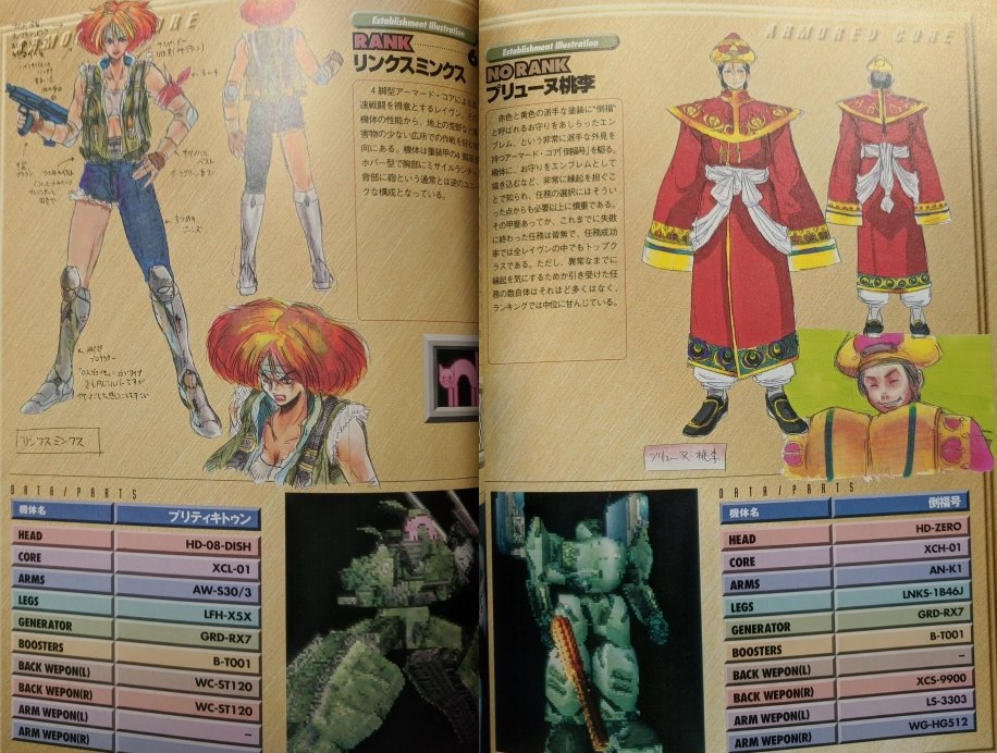 CypressDahlia's tweet image. A thing about early Armored Core is that it is very much a product of the 90s, but large elements of it are hidden away in books. For example, every Raven from AC1 has zany 90s character designs in the Data Book. It's not all military-chic stuff like Front Mission.