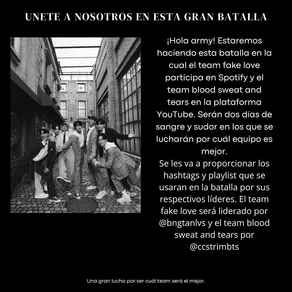 — ⚔️
Hola! En esta ocasión están todos invitados a participar en una batalla de stream, en el cual el Team Fake Love y Team Blood Sweat &amp; Tears se estarán enfrentando mediante dos días (Viernes y Sábado). 

STREAM BATTLE WITH BTS
#Team_FakeLove
#Team_BloodSweatandTears