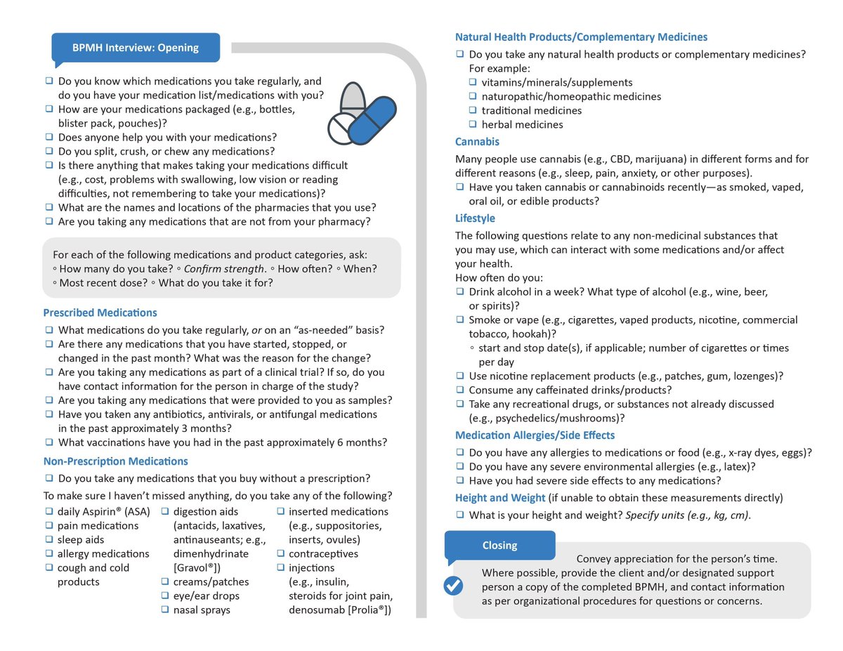 Congrats to @ISMPCanada & @GeriMedRisk on the release of their new Best Possible Medication History Interview Guide! Gathering a comprehensive medication history is a key step in the #deprescribing process. Consider using it in your daily practice! buff.ly/4aFfNMH