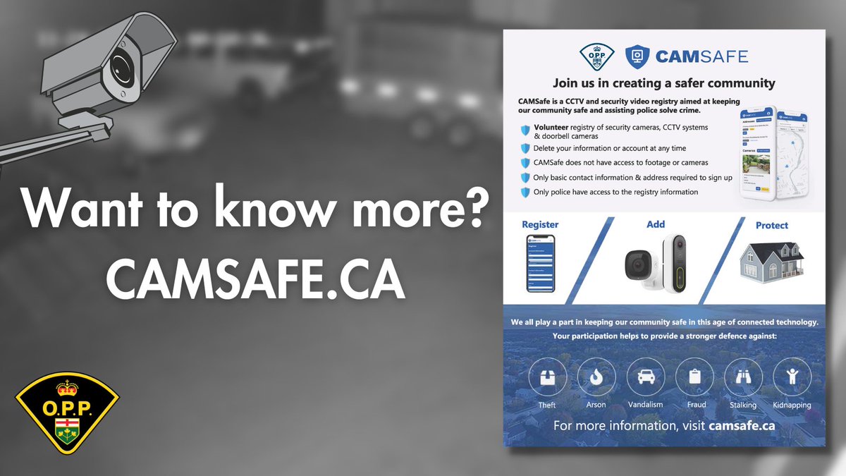 #HuronOPP officers will be in #Goderich on April 19th from 1-4 p.m. to talk with business owners about the #CAMSAFE program. You can register your residential or commercial video surveillance info to assist the #OPP. Visit Camsafe.ca to register. ^cs.