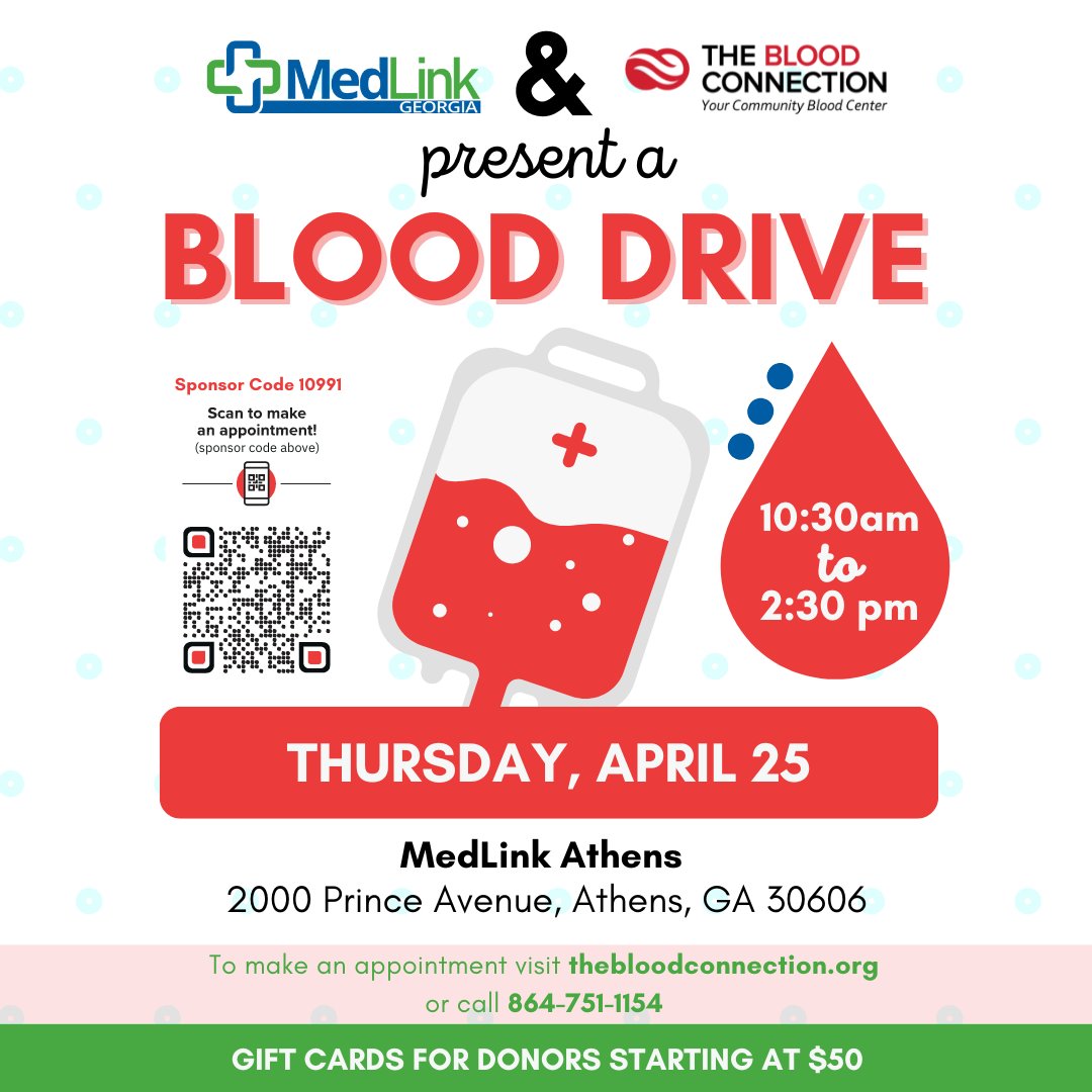 Join us for a life-saving opportunity at MedLink Athens! Come donate blood and make a difference in your community. #blooddrive #giveback