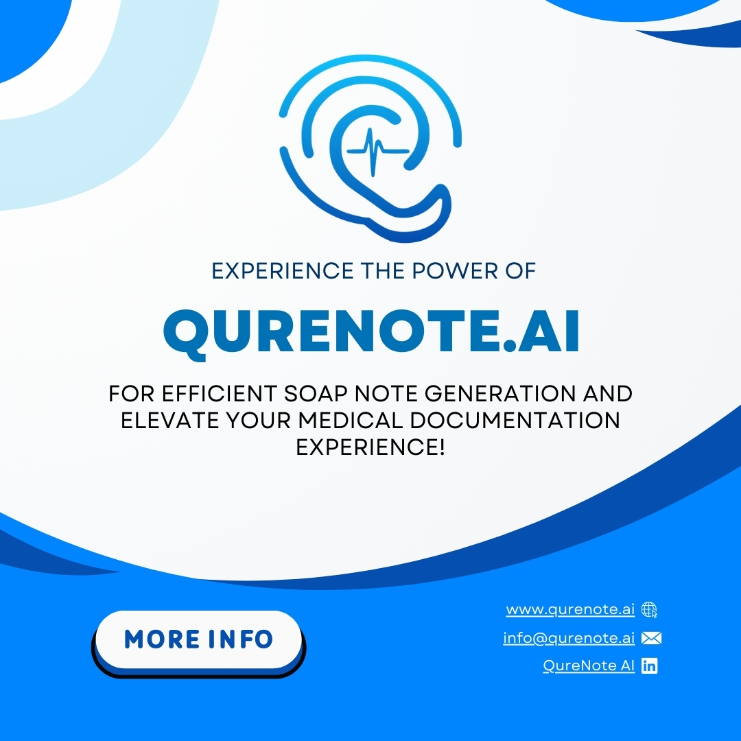 Highlighting the Key Features of QURENOTE AI

Unlock the Future of Medical Documentation with QURENOTE.AI🌟 
Experience precision, efficiency, and security in SOAP note generation. 
(Check the retweet for more features)
 
#QURENOTE #MedicalDocumentation #AI