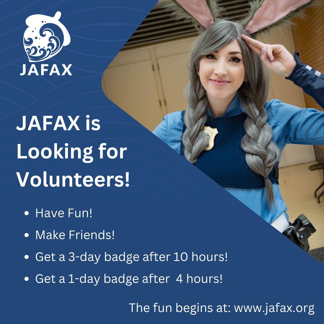 Volunteer with JAFAX! We're getting ready for another fun-filled convention and we need you to make it a success! Have fun, make friends, and enjoy some great perks! Sign up on our website! buff.ly/3SzdjYK 

#VolunteerWithUs #JapaneseCulture #AnimeConventionMagic #JAFAX