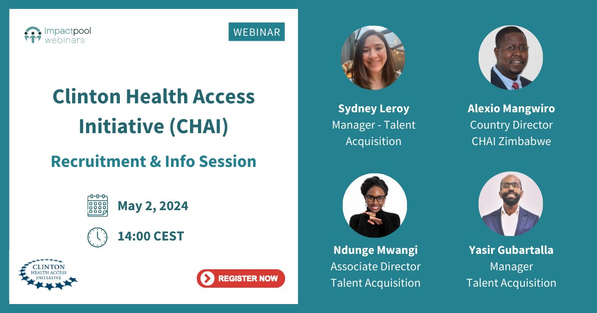 📣Are you interested in a career in global health? 👋Then join our Global Talent Acquisition team on May 2 at 8 a.m. EDT/2 p.m. CAT for a recruitment and information webinar hosted by @Impactpool ✍️Register here to join us on May 2: ow.ly/pYAH50Rjabr #CHAIRecruiting
