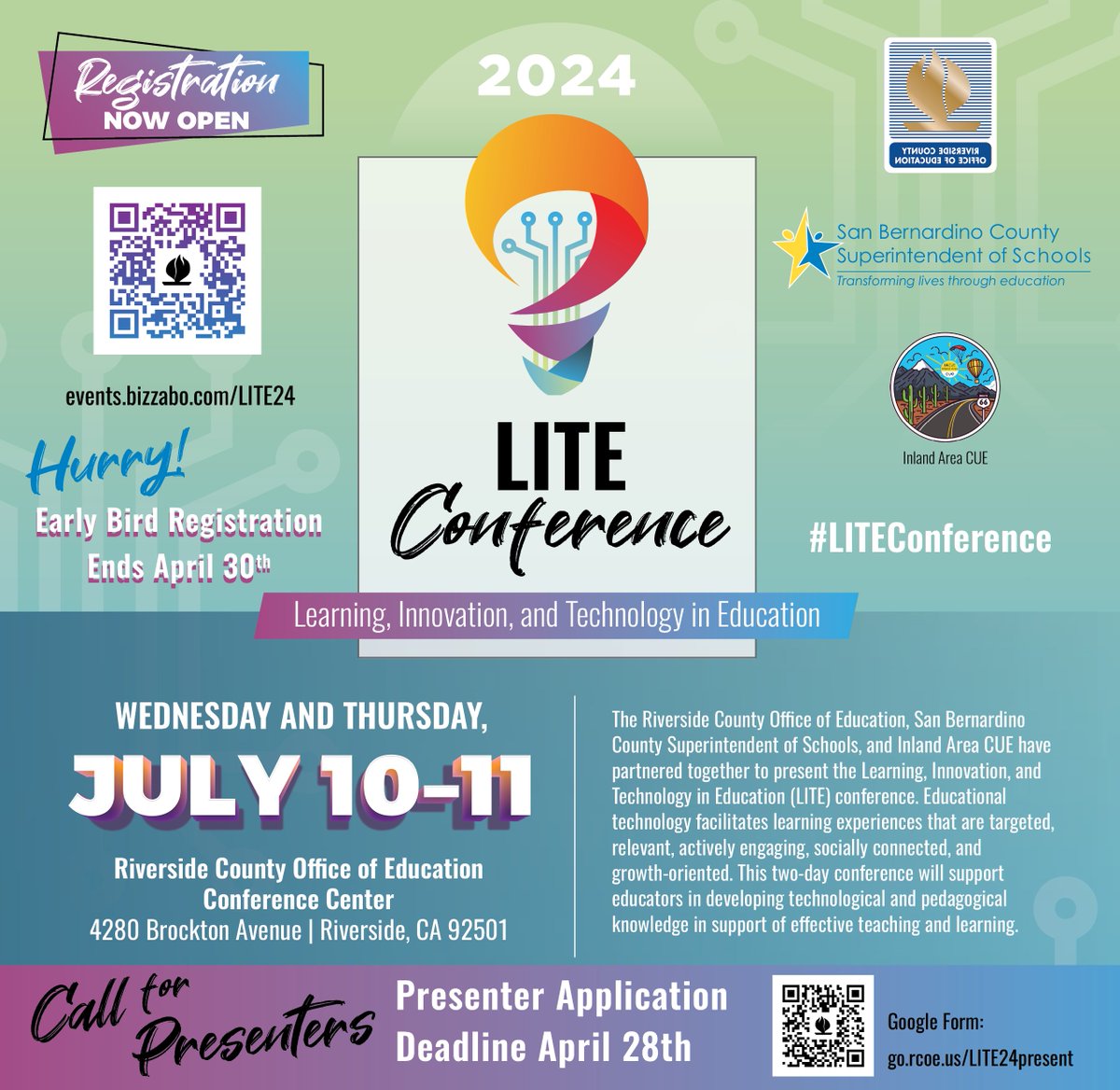 Have you registered for the July #LITEconference? The 2-day training will assist educators in developing technological & pedagogical knowledge in support of effective teaching & learning. Early bird rate thru Apr 30: events.bizzabo.com/LITE24 Presenter app: go.rcoe.us/LITE24present.