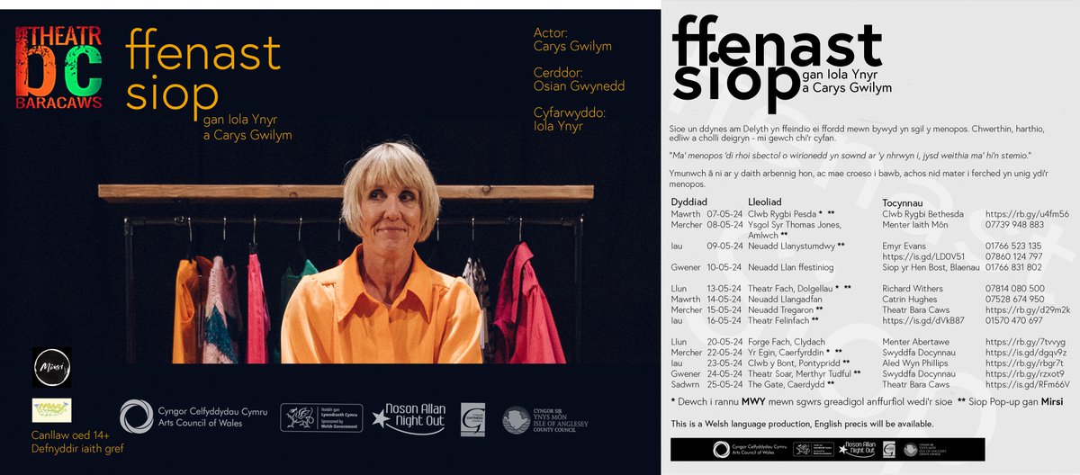 𝗖𝗬𝗛𝗢𝗘𝗗𝗗𝗜 𝗧𝗔𝗜𝗧𝗛! 𝐅𝐟𝐞𝐧𝐚𝐬𝐭 𝐒𝐢𝐨𝐩 gan Iola Ynyr a Carys Gwilym Ar daith Mai 2024 Tocynnau: theatrbaracaws.co.uk/cy/sioeau/ffen… @CRBethesda @MonIaith @TheatrFelinfach @ForgeFach @yr_egin @ClwbYBont @SoarMerthyr @thegatelive @YnyrIola @Carysgwil2 @Celf_Cymru @SiopMirsi