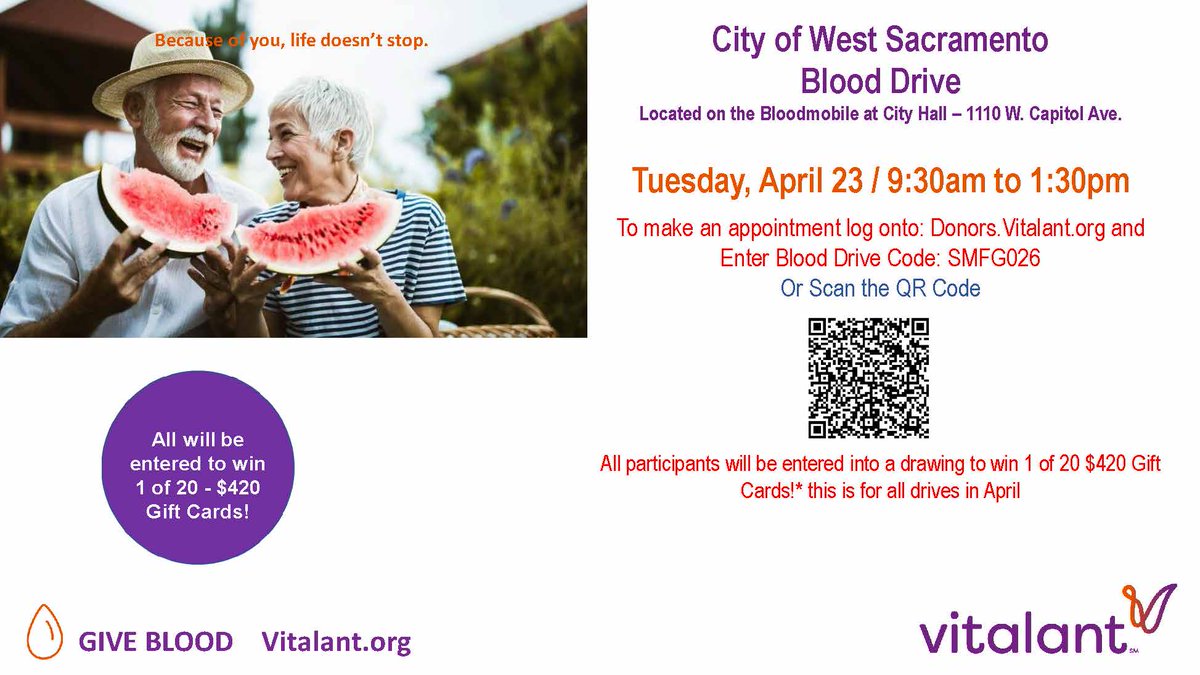 Save the date! The City of West Sacramento will be hosting a blood drive at City Hall on Tuesday, April 23 from 9am - 1:30pm. All donors will be entered to win 1 of 20 $420 gift cards. Schedule an appointment at wsac.city/vitalantbloodd… & enter mobile location code SMFG026.