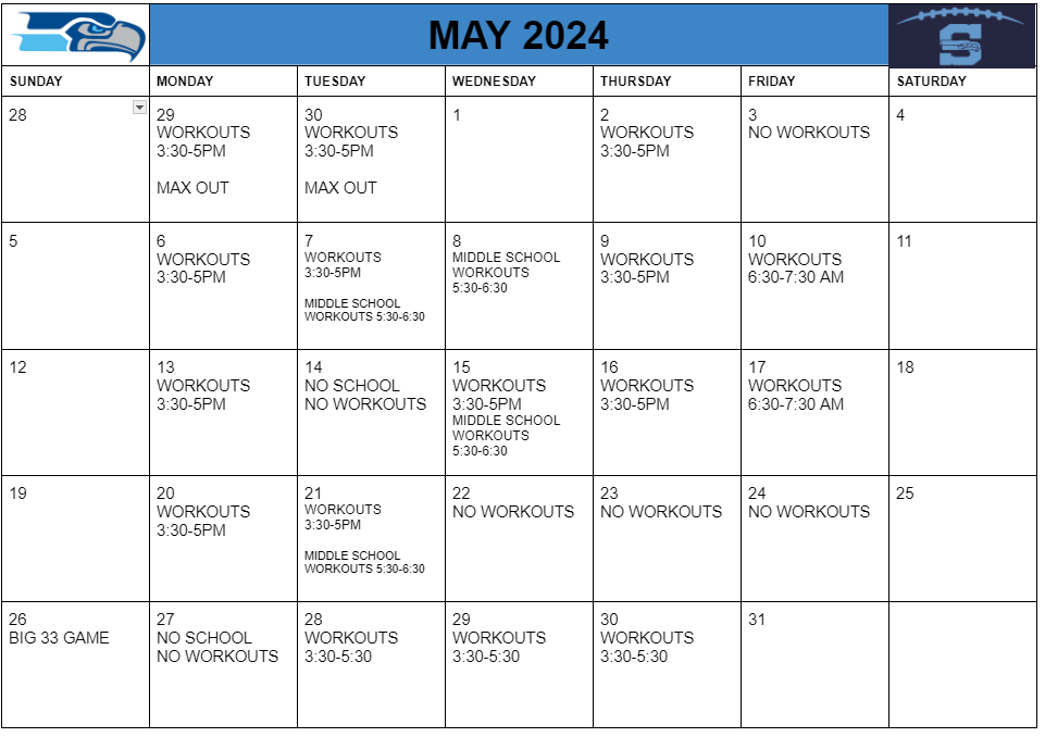 COLLEGE COACHES!!! Another round of recruit emails just went out to our entire list of college contacts. Our May workout schedule is below and school begins at 830am. We have an FCS Calibur LB/TE, a QB who is a 3-year starter with a 4.8 GPA and several other D2/D3 calibur players