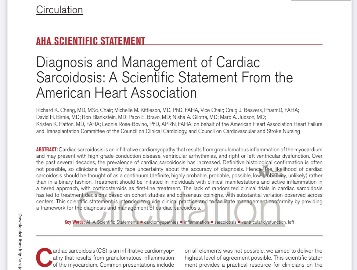 Excited about this new AHA Scientific Statement on Sarcoidosis, featuring our favorites @Richardkcheng2 @rhythmkris #CardioTwitter