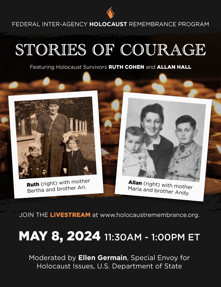 Save the date for the Federal Interagency Holocaust Remembrance Program on May 8th from 11:30 am to 1:00 pm, hosted by @StateDept. USG federal employees and the public are welcome to watch live at: holocaustremembrance.org