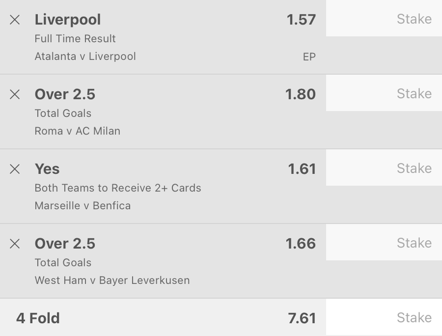 🤩⚽️THURSDAY FOOTBALL TIP⚽️🤩

💫Atalanta v Liverpool
FT Result - W2: 1.57
💫Roma v Milan
Total goals - Over 2.5: 1.80
💫Marseille v Benfica
Both teams to receive 2+ cards - YES: 1.61
💫West Ham v Bayer Leverkusen
Total goals - Over 2.5: 1.66

✅ACCA: 7.61

Don't miss your chance