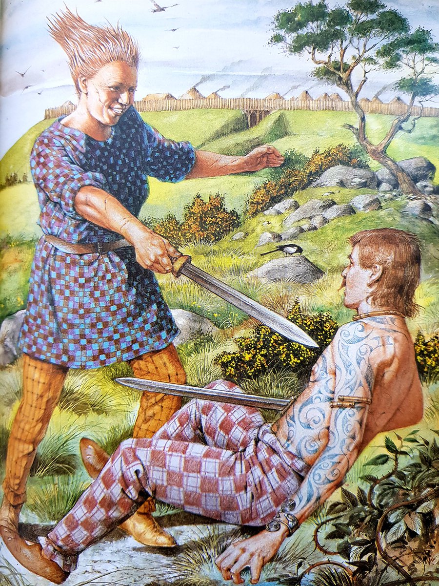 @Toby_Driver1 Recreations of the Iron Age do mostly depict spikey haired moustachioed men with swords and tartan wearing women weaving ☹️ The only one we can think of that inverts that (a bit) is this by Richard Hook for the 1987 Blandford Press book *Warriors of Arthur* Good mullet too...