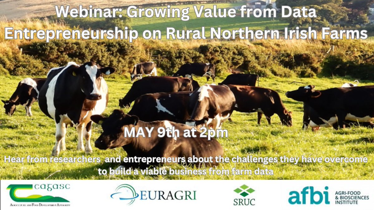 Hear from researchers and entrepreneurs about the challenges they have overcome to build a viable business from farm data during a webinar on 9 May at 2pm 'Growing Value from Data Entrepreneurship on Rural Northern Irish Farms'. Register here bit.ly/3vWoGCC #AFBIScience