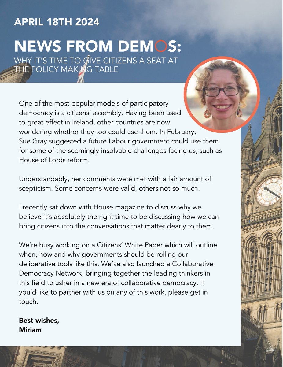 Have you signed up to the Demos newsletter?🗞️ Every Thursday we share original research, event invitations & political commentary. Here's a sneak peak at this week's, with @MiriamLevin1 discussing all things participatory democracy✍️ Sign up: demos.co.uk/support