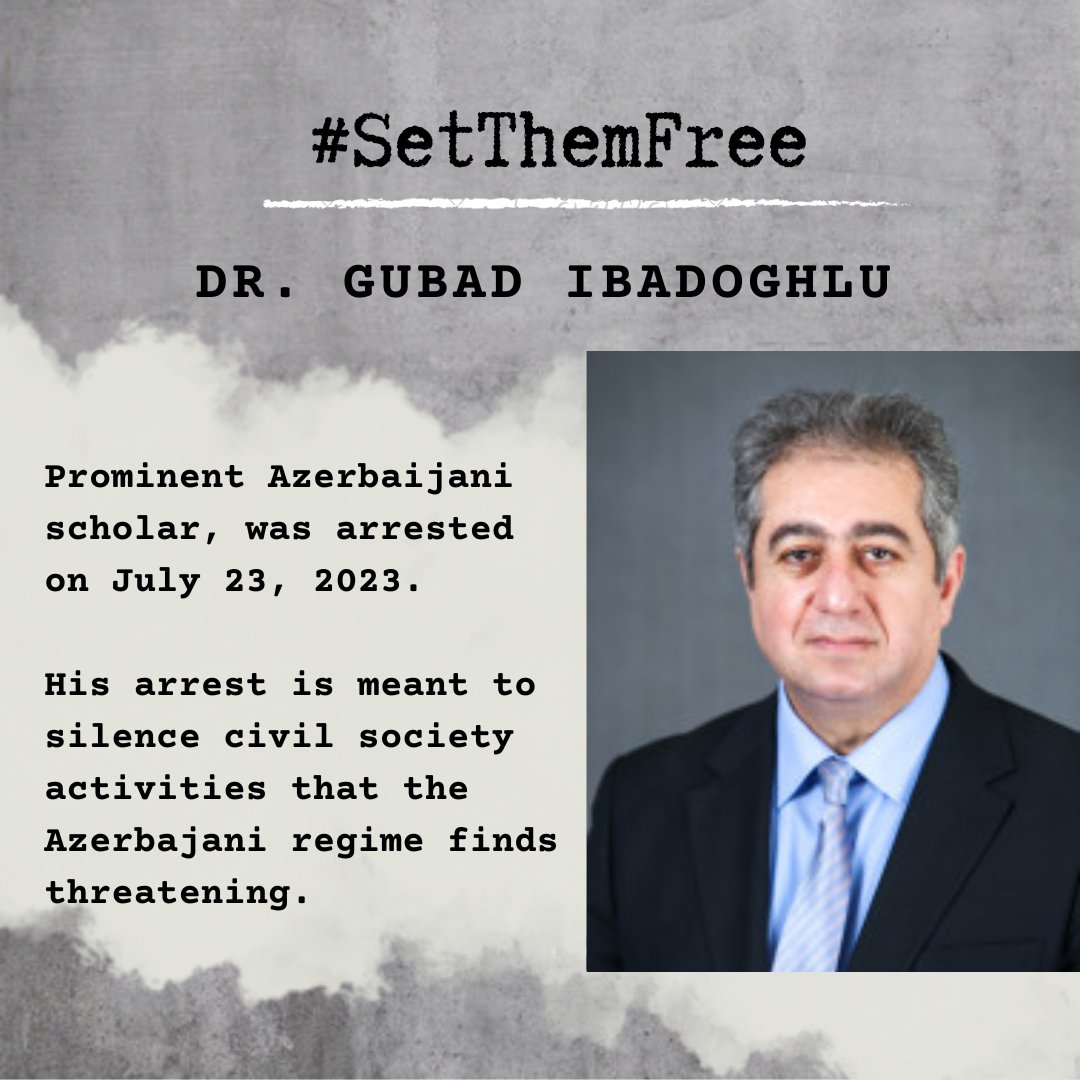 @MoveDemocracy calls for the immediate release of Dr. Gubad Ibadoghlu, who was arrested on July 23, 2023, and whose health is rapidly deteriorating. He needs urgent medical care. #SetThemFree #FreeGubad Learn more about his case: helpsetthemfree.org/gubad-ibadogh