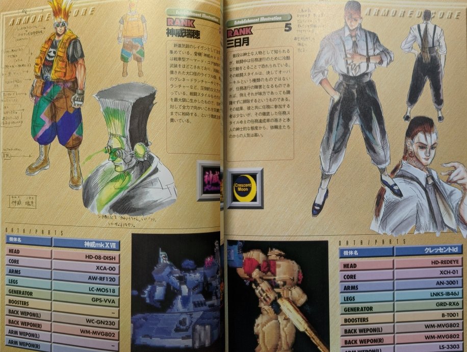 CypressDahlia's tweet image. A thing about early Armored Core is that it is very much a product of the 90s, but large elements of it are hidden away in books. For example, every Raven from AC1 has zany 90s character designs in the Data Book. It's not all military-chic stuff like Front Mission.