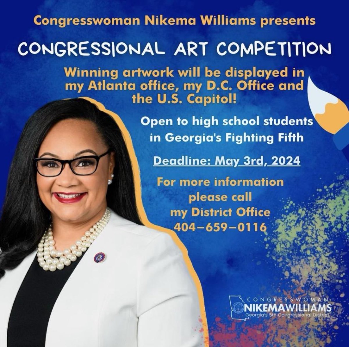 Congressional Art Competition | Deadline: May 3, 2024 | The winning art work will be displayed in her Atlanta Office, her D.C. Office, and the U.S. Capitol!