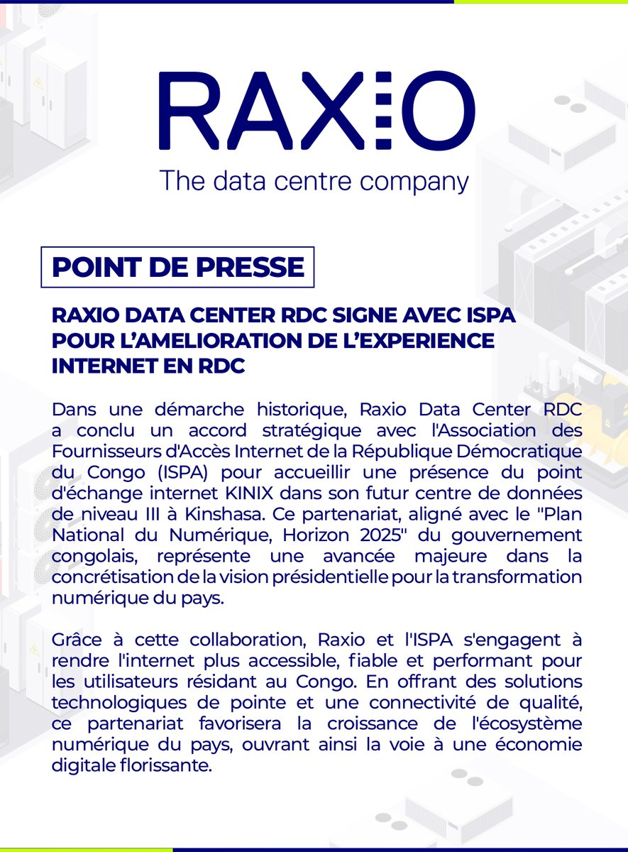 RaxioR's tweet photo. Dans cet aperçu de notre point de presse, découvrez l'accord majeur et stratégique signé avec l'ISPA pour améliorer l'expérience Internet dans le pays.
Pour en savoir plus, consultez notre communiqué de presse complet : https://t.co/4AyAs77jcN
#RaxioRDC #ISPA #KINIX #DataCenter #TransformationNumérique #Connectivité #Internet #RDC #Numérique #PlanNationalNumérique
@Presidence_RDC @AdnRdc @numeriquecd @Google @amazon @Meta @Vodacomcongo @Orange__RDC @airtelrdc @AfricellRDCongo @CanalboxRdc @CSquared_Africa @migishaofficiel @kolongele @YannSukakumu @MatembeFanny