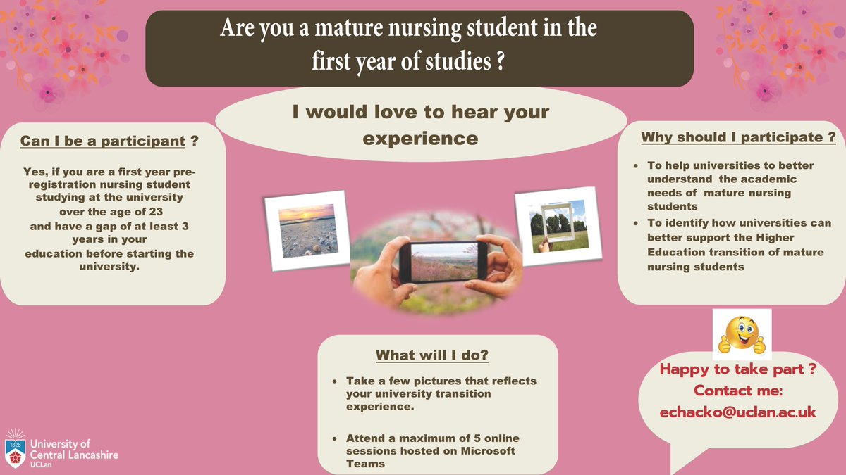 Are you a mature #nursing student in the UK? Can you help us understand how to best support the academic needs of mature nursing students? Please contact Elizabeth echacko@uclan.ac.uk to take part in this valuable research. Please RT #NHS @WeNurses @theRCN @nmcnews @NHSEngland