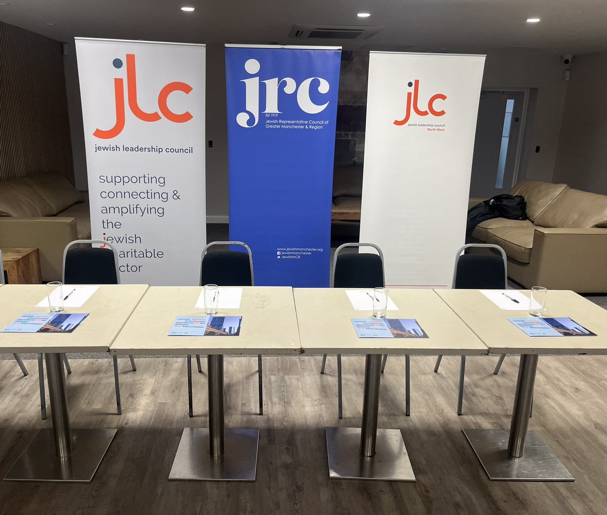 We are setting up for the JRC and @JLC_uk Jewish Community Hustings ahead of the Greater Manchester Metro Mayoral Elections on the 2nd May. Looking forward to welcoming @jakelibdem, @DanBarker4GM, @TeamBurnhamGM and @LauraEvansTeam for what promises to be a lively debate.