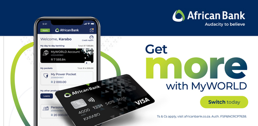 KayaON959's tweet image. SPONSORED - Unlock the power of 5 with African Bank’s MyWORLD Account! Enjoy 5 FREE, linked accounts usable as either Power or Savings Pockets. Tailor your financial strategy to YOUR needs. It's your money, your choices. Open your MyWORLD Account today! #AfricanBank #MyWORLD