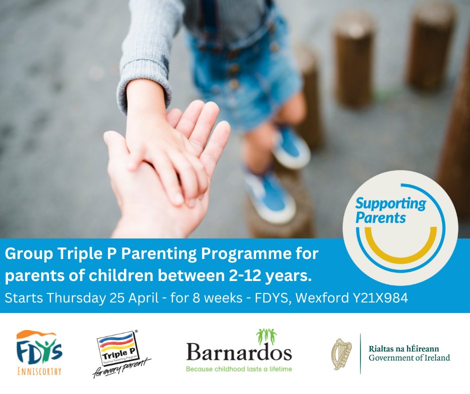 Barnardos are offering a Group Triple P Parenting Programme for parents of children between 2-12 years. Starting Thursday 25 April 9.30am to 12.00pm (8 weeks) at Wexford Y21X984. For information contact: geraldine.ogrady@barnardos.ie #supportingparentsire #Wexford