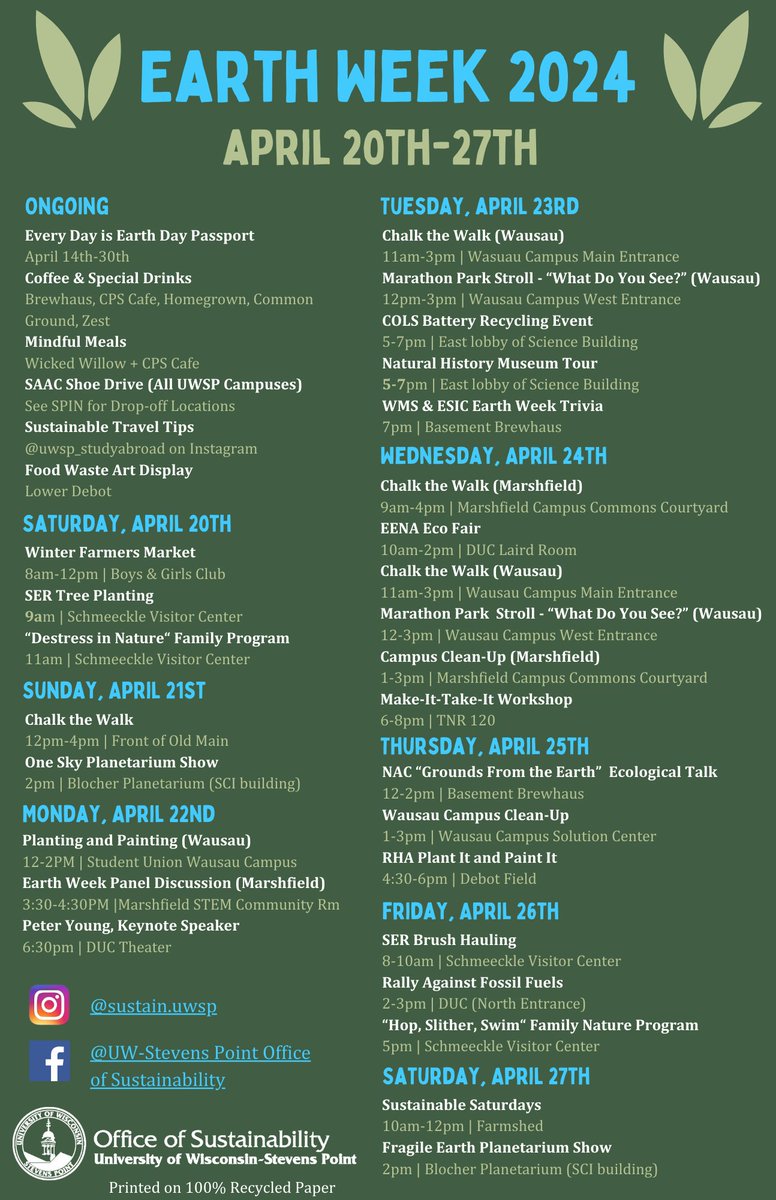 #UWSP Earth Week events start tomorrow! 🌍 Make sure to get involved with one of the great events throughout the week! Learn more about the events here: bit.ly/3W2DLwT @SustainableUWSP