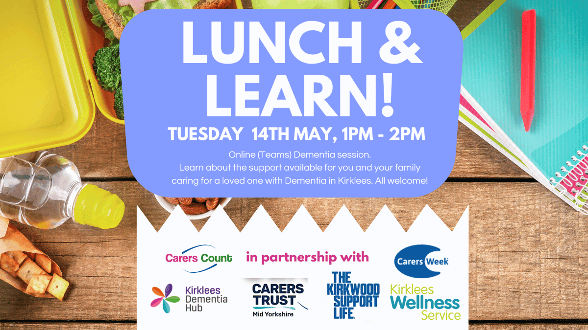 Join us for our Dementia Awareness Week Lunch and Learn on May 14th and find out what support is available in Kirklees. Book your place
↪️ bit.ly/3JmLv5j 
☎️ 0300 012 0231
📨 info@carerscount.org.uk

#CarersCount #Lunch&Learn #UnpaidCarers