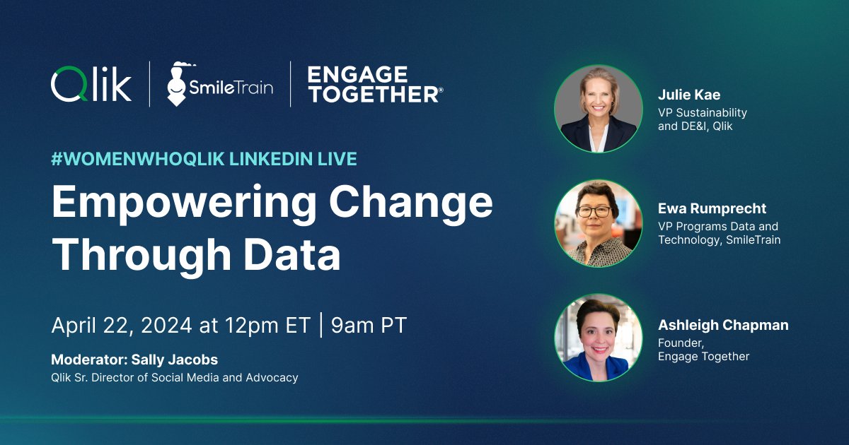 Kick off #EarthWeek with us! 🌍Join us for a #WomenWhoQlik #EarthDay chat at 12 PM ET to hear from @Smiletrain’s Ewa Rumprecht, @EngageTogether’s Ashleigh Chapman & Qlik’s @JulieKae on how data can drive social change. Register now: bit.ly/3VXy83g