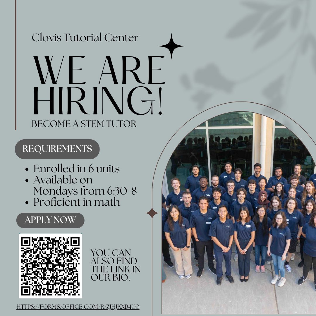 Want to become a STEM tutor?

The Tutorial Center is accepting applications through April 30th, so if you haven't already, go fill it out. You can scan the QR code below or click on the link in our bio.

#hiring #clovistutorialcenter #cloviscommunitycollege