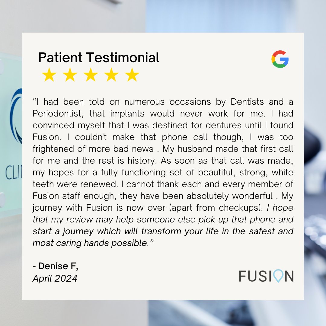 Thrilled to Share Another Heartwarming Patient Review! 🌟

We're over the moon to receive such kind words from one of our amazing patients. Thank you for choosing Fusion Dentistry – we're honored to be part of your smile journey 🦷

#FusionDentistry #patientreview #smilemakeover