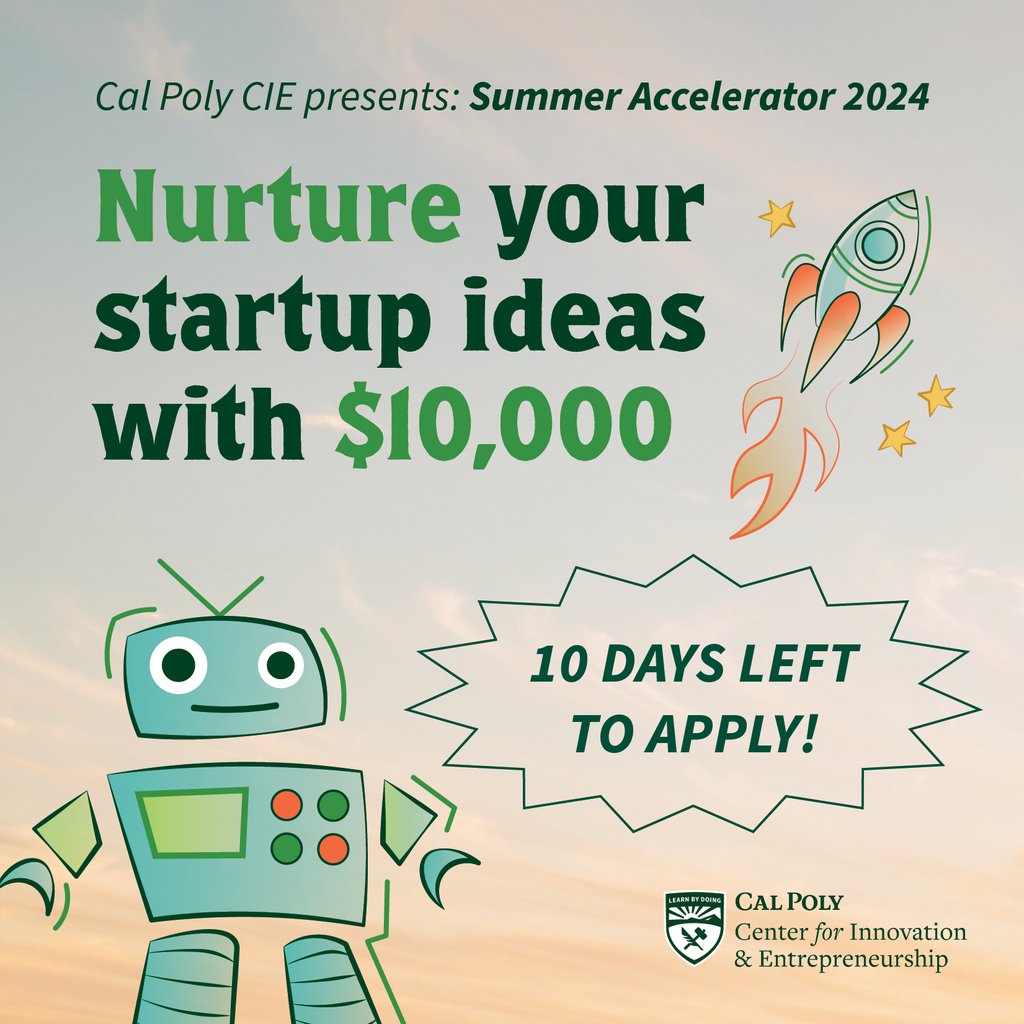 10 DAYS LEFT to apply for the Summer Accelerator. “The Accelerator has helped us run our #business in so many ways. It’s an incredible launching point for any type of business,' said Penny Lane Case, co-founder and CEO of Nexstera Tech. Apply today: cie.calpoly.edu/launch/acceler…