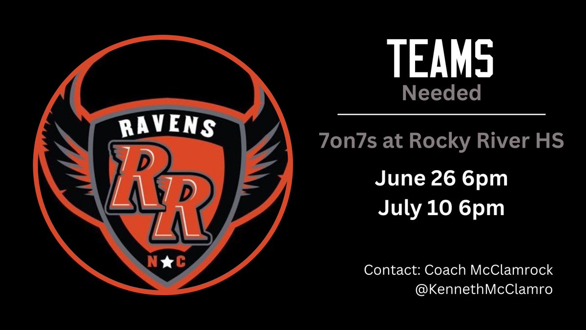 Rocky River HS is looking for a few more teams to join our 7on7s on June 26 and July 10. Round Robin style. Plenty of reps and work. This will be on our NEW turf field.