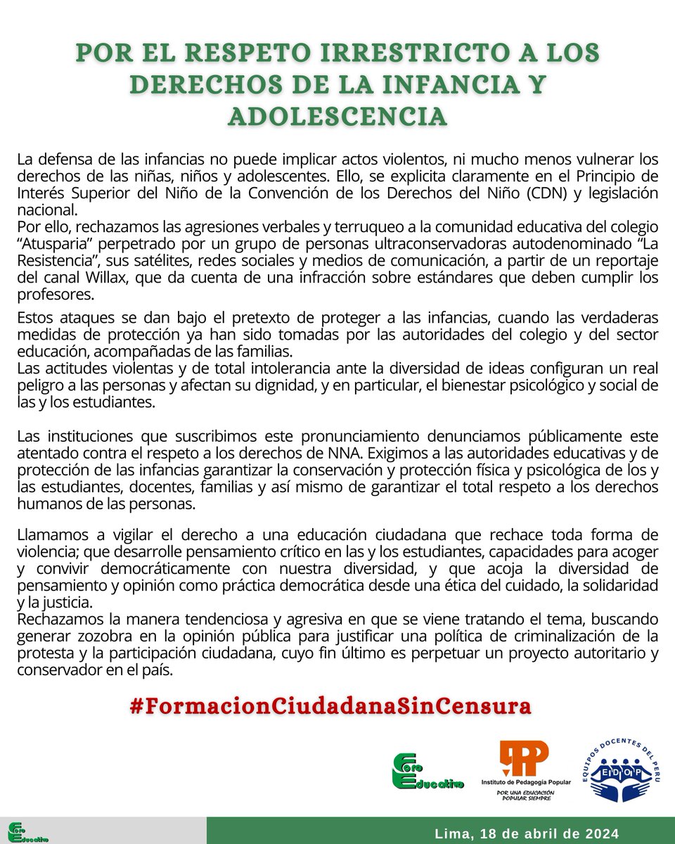 Foroeducativo's tweet photo. POR EL RESPETO IRRESTRICTO A LOS DERECHOS DE LA INFANCIA Y ADOLESCENCIA

#derechos #derechosdelainfancia #educación #actosviolentos
#atentado https://t.co/6Ek4GjALL6
