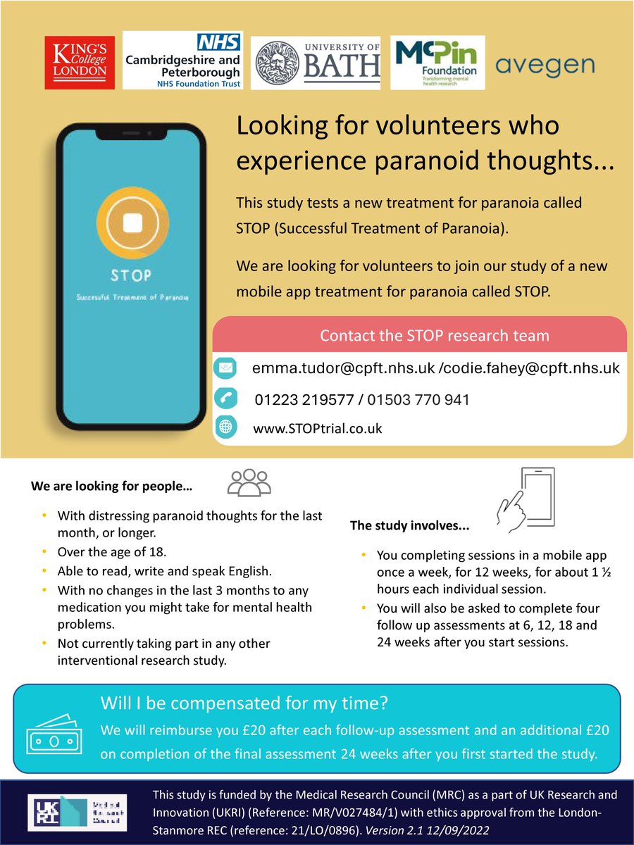 Research at CPFT (@cpft_research) on Twitter photo 📣 We're running the STOP study <a href="/CPFT_NHS/">CPFT</a> for people experiencing #paranoia, with <a href="/KingsIoPPN/">Institute of Psychiatry, Psychology & Neuroscience</a>. Anyone 18+ who has paranoid thoughts, with no change to medication, can take part in this #research.
🔎 Find out more and contact Emma (Cambridgeshire) or Codie (Peterborough) below ⬇️ 📣 We're running the STOP study <a href="/CPFT_NHS/">CPFT</a> for people experiencing #paranoia, with <a href="/KingsIoPPN/">Institute of Psychiatry, Psychology & Neuroscience</a>. Anyone 18+ who has paranoid thoughts, with no change to medication, can take part in this #research.
🔎 Find out more and contact Emma (Cambridgeshire) or Codie (Peterborough) below ⬇️