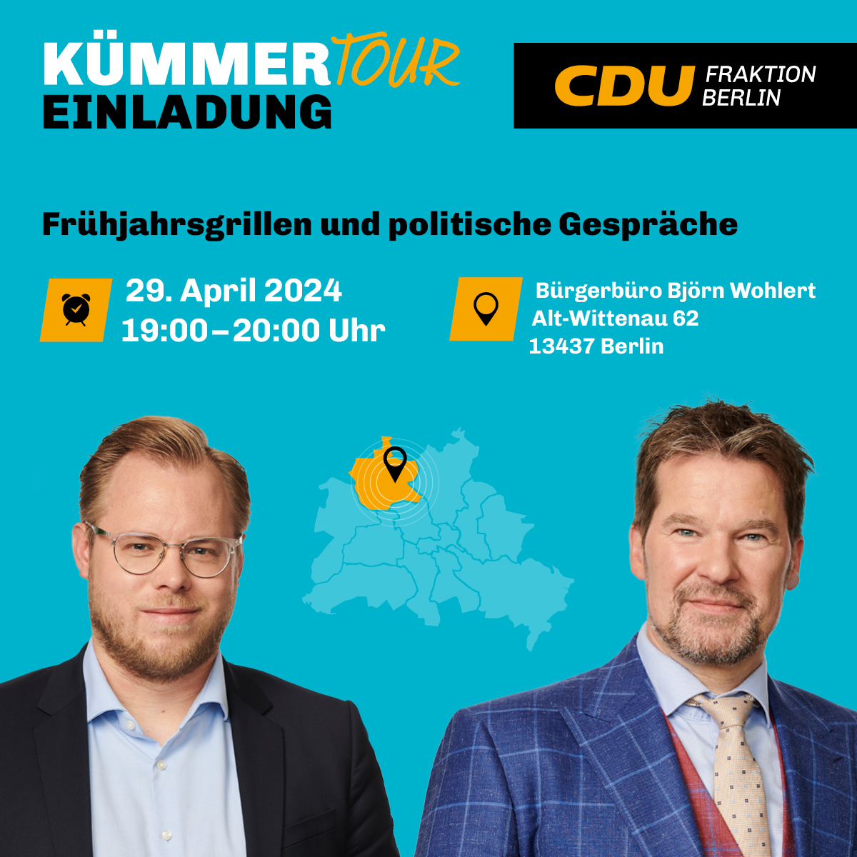 Mit @DirkStettner setzen wir uns für lebenswerte Kieze mit mehr Sicherheit ein. Auch in #Wittenau, #Tegel, #Waidmannslust und #Borsigwalde. Herzliche Einladung der @CDUBerlin_AGH an alle Bewohner zu unserem Frühjahrsgrillen mit politischen Gesprächen!