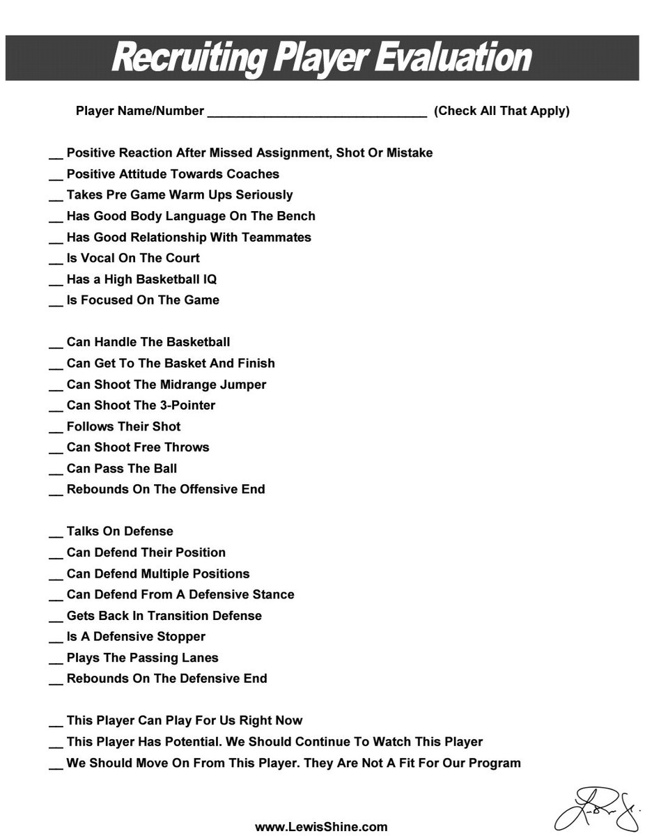 Lewis Shine (@lewisshine) on Twitter photo 🚨TOOL FOR BASKETBALL COACHES TO USE ON THE RECRUITING TRAIL THIS WEEKEND🚨 
Quick Reference Recruiting Evaluation Sheet When Evaluating A Player In Person Or Watching A Player On Film:
(Click RETWEET to share with other coaches) 🚨TOOL FOR BASKETBALL COACHES TO USE ON THE RECRUITING TRAIL THIS WEEKEND🚨 
Quick Reference Recruiting Evaluation Sheet When Evaluating A Player In Person Or Watching A Player On Film:
(Click RETWEET to share with other coaches)