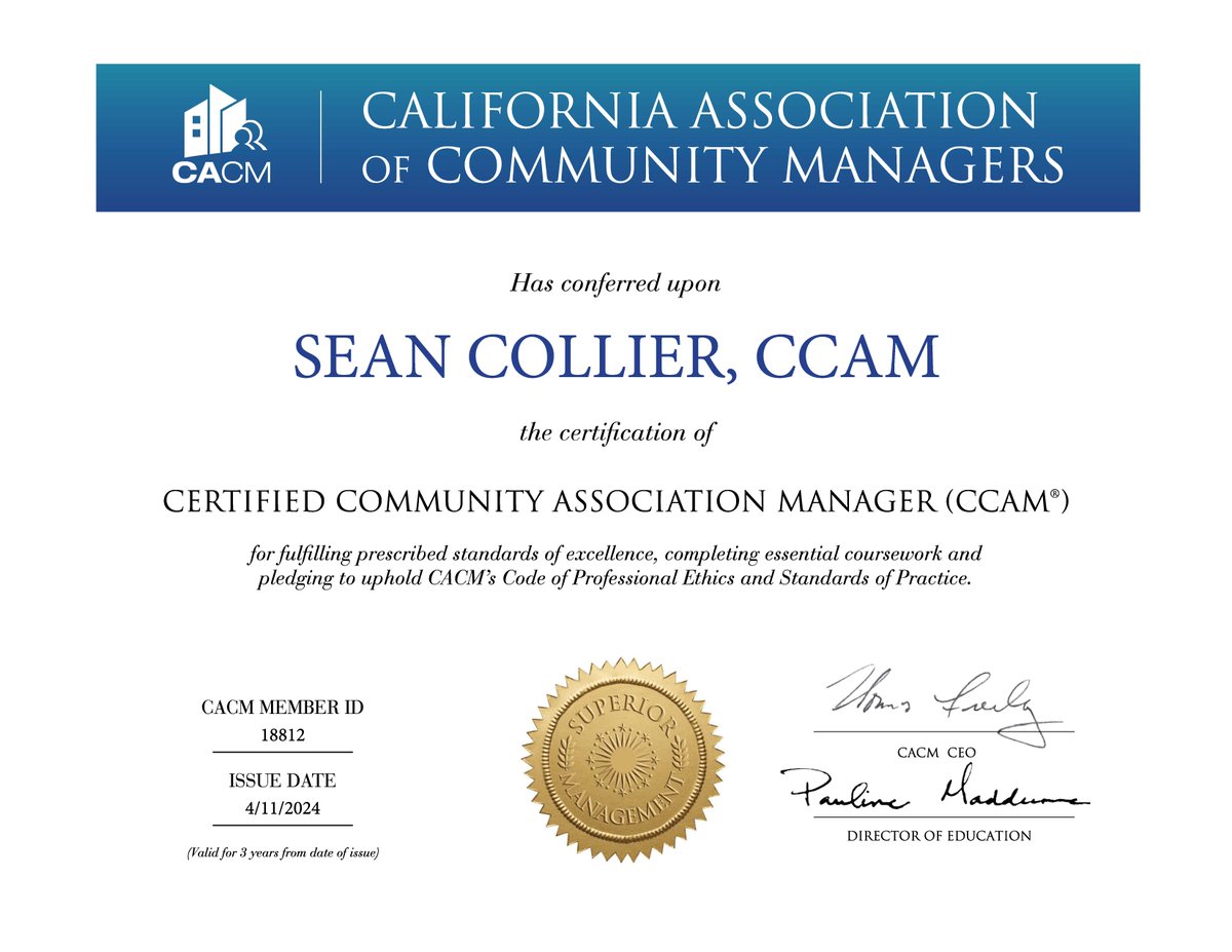 Join us in congratulating Sean Collier on becoming a California Certified Community Association Manager! 🙌
#CCAM #CaliforniaCertified #communitymanagement #CACM