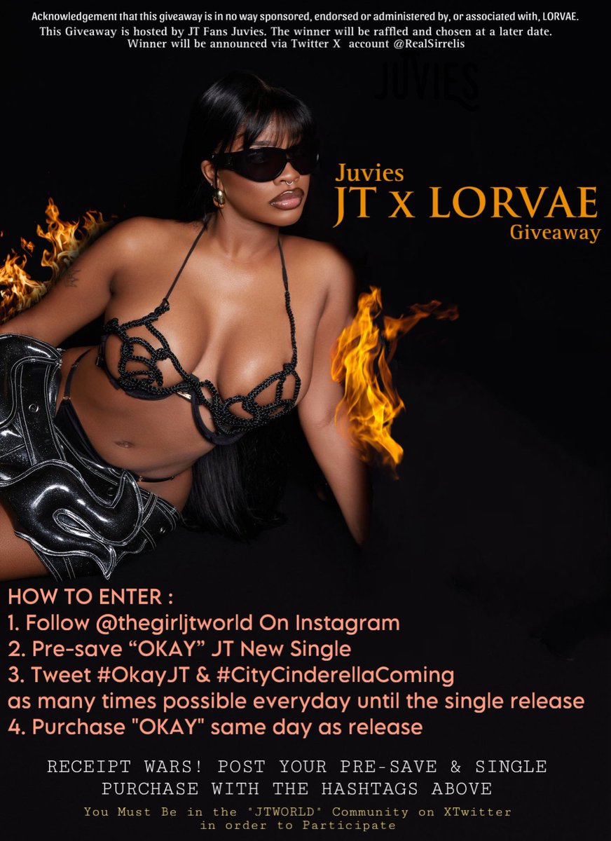 RealSirrelis's tweet photo. Juvies โขJT x LORVAEโข Giveaway
โFollow @thegirljtworld on Instagram
โ
Pre-save โOKAYโ
โTweet #OkayJT & #CityCinderellaComing as many times a day until OKAY release for entries
โ
Purchase โOkayโ
MUST BE IN JTWORLD COMMUNITY TO WIN. Winner will be announced on a later date.๐ซ https://t.co/khdPlgpGGg
