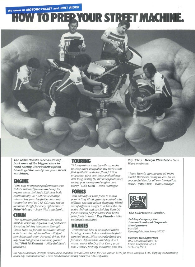 Bel_Ray's tweet photo. #TBT to 1983 and the Bel-Ray® Team Honda® mechanics giving out tech tips in a Honda® Street ad. 👏👏 Times have changed, but Bel-Ray® remains the top choice for prepping your street machine.
#Unleash #BelRay #Vintage #RideWithBelRay #FlexYourEngine #Motorbike #Motorcycle https://t.co/xIjeEvNyWo