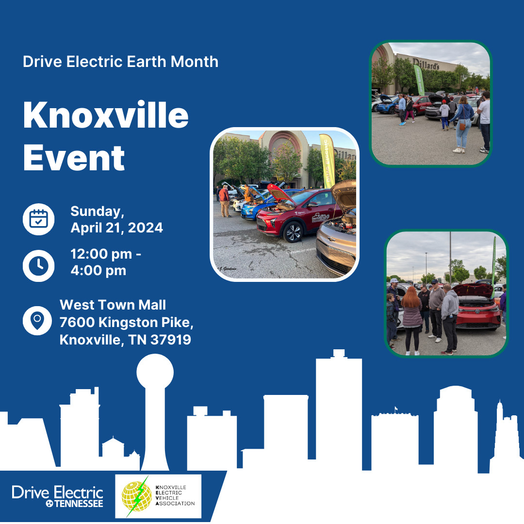 🌎🛣️Celebrate Drive Electric Earth Month in Knoxville🛣️🌍

Read more here: driveelectricearthmonth.org/event?eventid=…

📅 Sunday, April 21, 2024
🕐12:00-4:00pm ET
📍Location: West Town Mall 

#DriveElectric #DET #DriveElectricEarthDay #DEED #DEEM #EVs