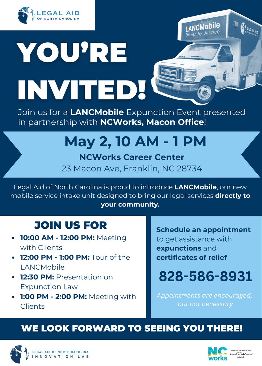 LegalAidNC's tweet photo. 🚐LANCMobile is making its way out West! Join us in Franklin, NC on May 2nd for an #expunction event. Stop by to see the bus and get a tour! Learn more: https://t.co/4eXg5O7Kbb
Presented in partnership with @ncworks Macon office! https://t.co/MJVKNSQwVa