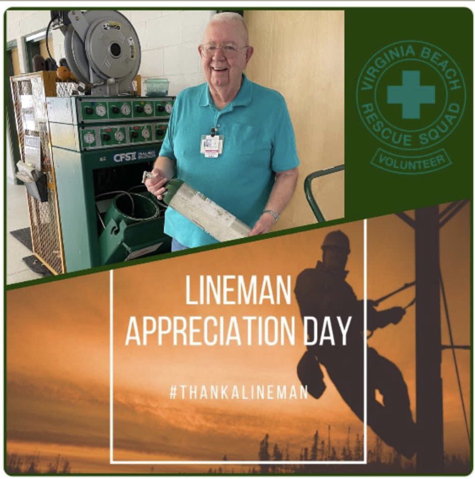 It’s #linemanappreciationday 2024! Giving a shoutout to #VBRescueVirginiaBeach support team member Ira Whitehurst, 30 year volunteer & retired VEPCO (Virginia Power) Lineman.