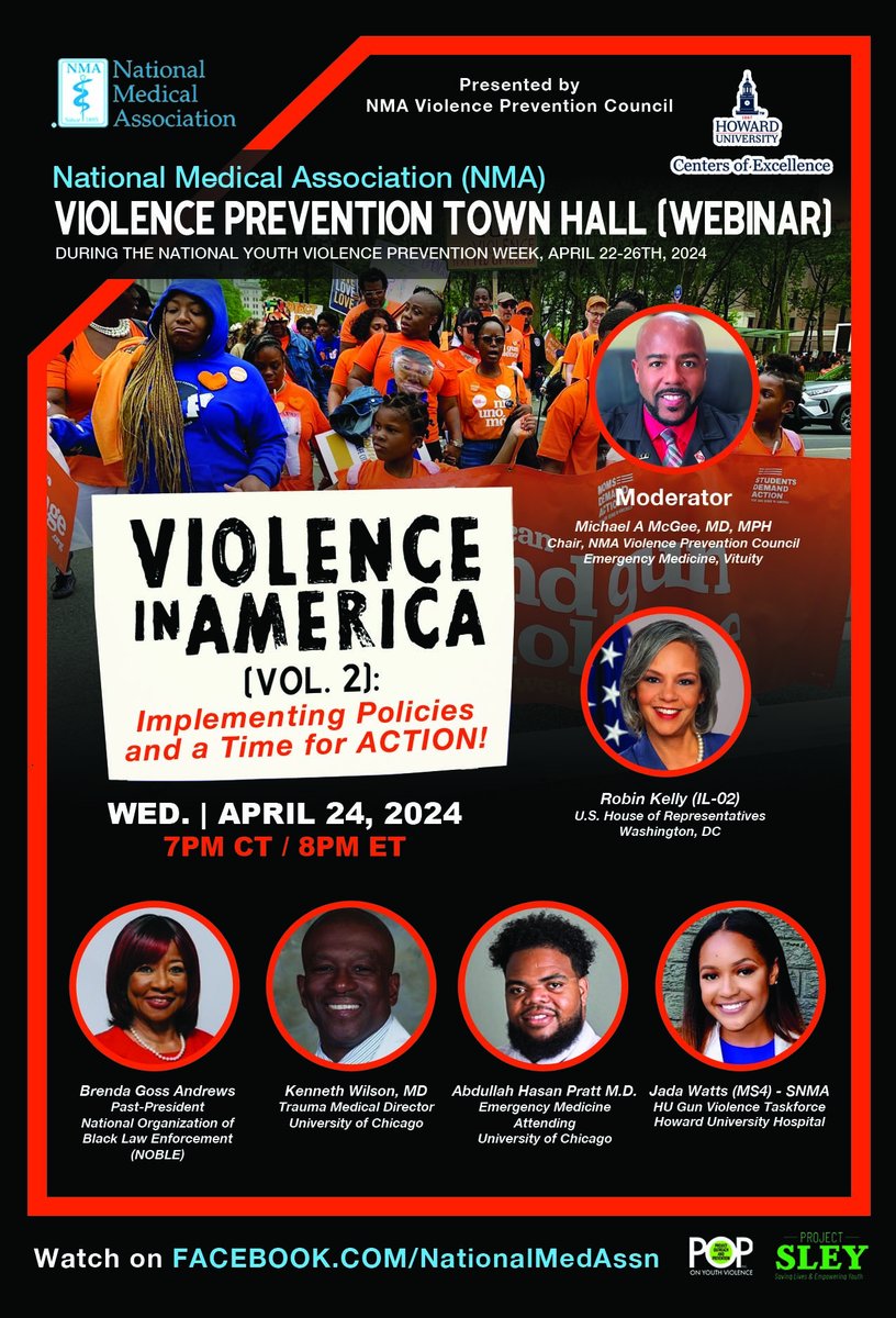 🌟 You're Invited to Our Town Hall Webinar: 'Violence Prevention in America' 🌟 🗓️ Date: April 24, 2024 ⏰ Time: 7:00 PM CT / 8:00 PM ET 🔗 Register Now: bit.ly/4aXEyn3 #NMA #ViolenceInAmerica #PublicHealth #Webinar