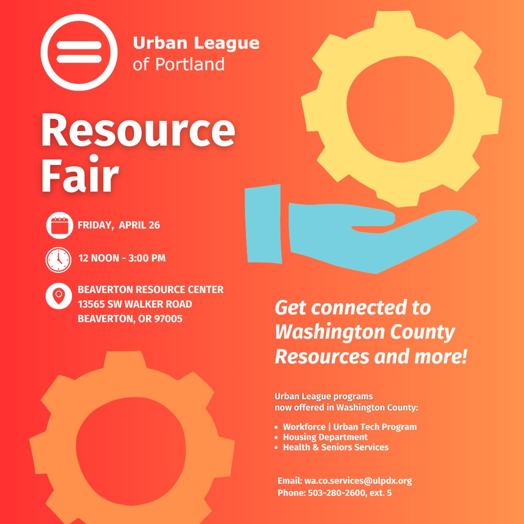 ULPDX's tweet photo. Did you know #UrbanLeagueofPortland has a location in Washington County? Come to our Beaverton Resource Center on 4/26 between 12 and 3 pm to get connected with local resources and more. #ULPDX https://t.co/jLmiSQHkMp