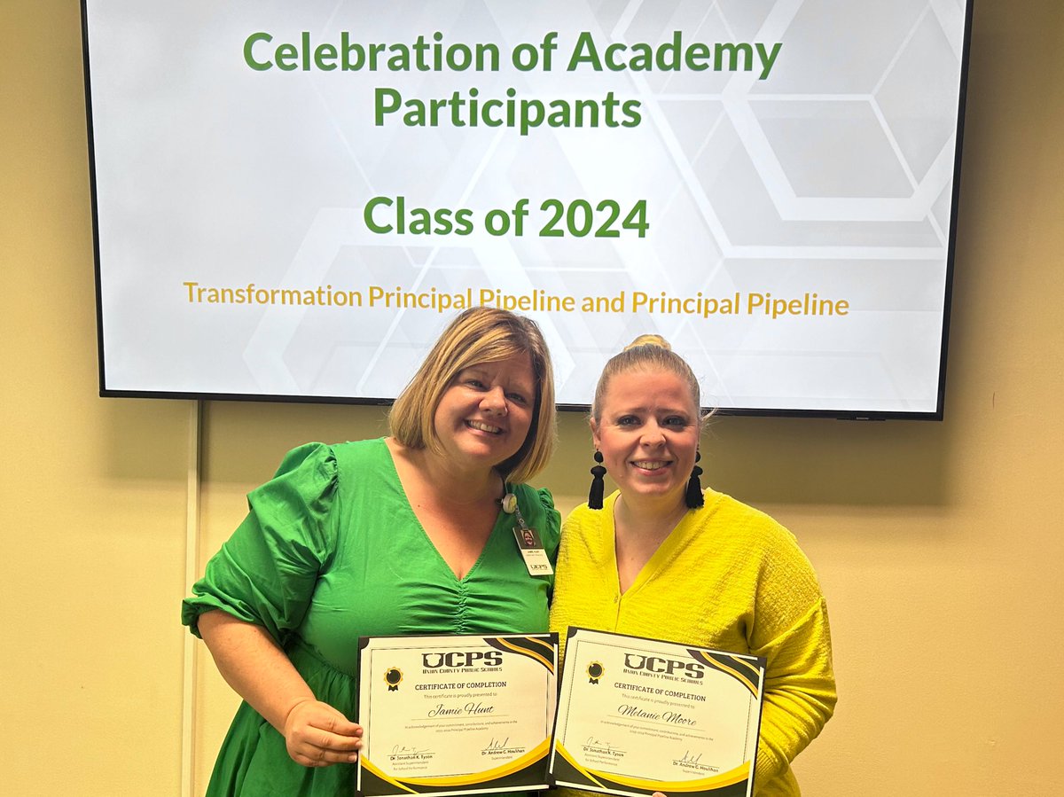 Congratulations to two of our Assistant Principals Mrs. Hunt and Mrs. Moore for their participation in the UCPS Pipeline Academy this school year. @UCPSNC @AGHoulihan @blaise05 @Renee_McKinnon1 @kevinplue @SusanRodgersS4 @AlfredLeon04