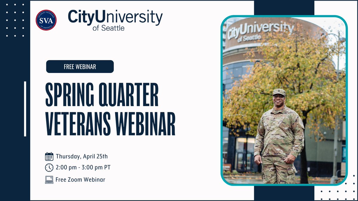 cityu's tweet image. Our Student Veterans association chapter is hosting a webinar with insights on transitioning from military to civilian life.

📅April 25th
⌛2:00 pm PT
📍Register here: ow.ly/iCOF50RhA4p

#studentvets #militarystudents #veterans #cityu