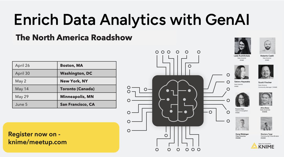 You won't want to miss the upcoming #KNIME GenAI roadshow in the US and Canada these next few weeks! Our data scientists will present a no-code approach to customizing LLMs in a hands-on workshop. Come join us! Free registration at knime.com/events