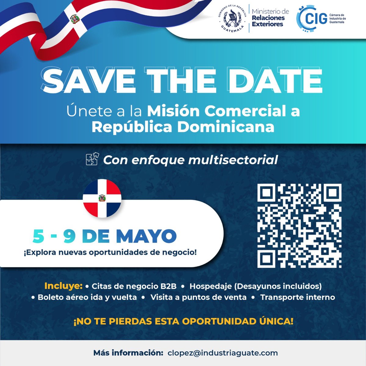 Cámara de Industria de Guatemala y el Ministerio de Relaciones Exteriores te invitan a unirte a la Misión Comercial a República Dominicana que se llevará a cabo del 5 al 9 de mayo de 2024. Regístrate ingresando a: forms.gle/HHSkcph2HXTZwY…